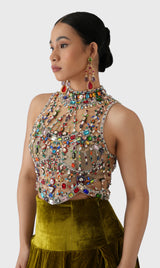 Embroidered Top & Velvet Lehenga