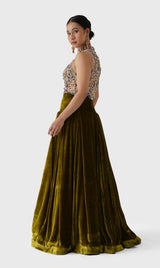 Embroidered Top & Velvet Lehenga