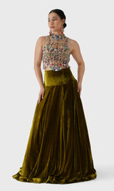 Embroidered Top & Velvet Lehenga