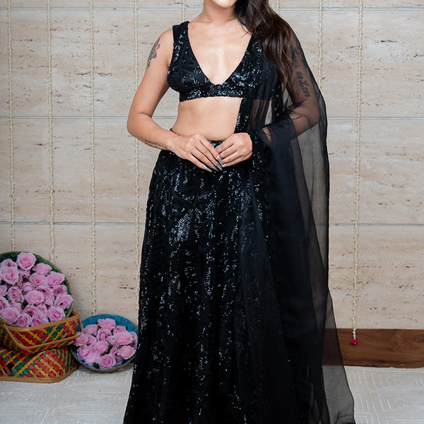 Black georgette sequins embroidered work party wear lehenga choli | Party  wear lehenga, Party wear lehenga choli, Indian fashion dresses